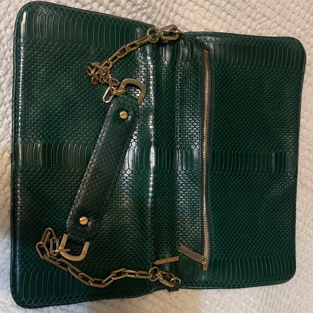 Tory Burch Dark Green Snake-Embossed Leather Clutch with Gold Logo